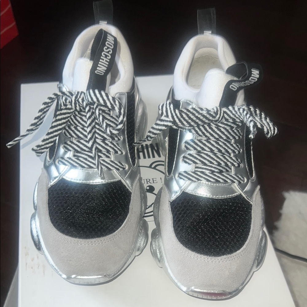 Moschino Silver and Black Sneakers with Unique Lacing